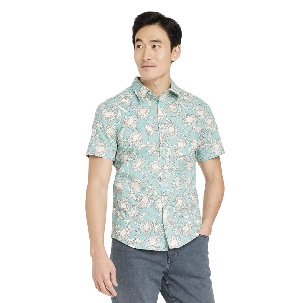 NWT Goodfellow‎ Slim Fit Aqua Floral Button Down Short Sleeve Shirt 100% Cotton